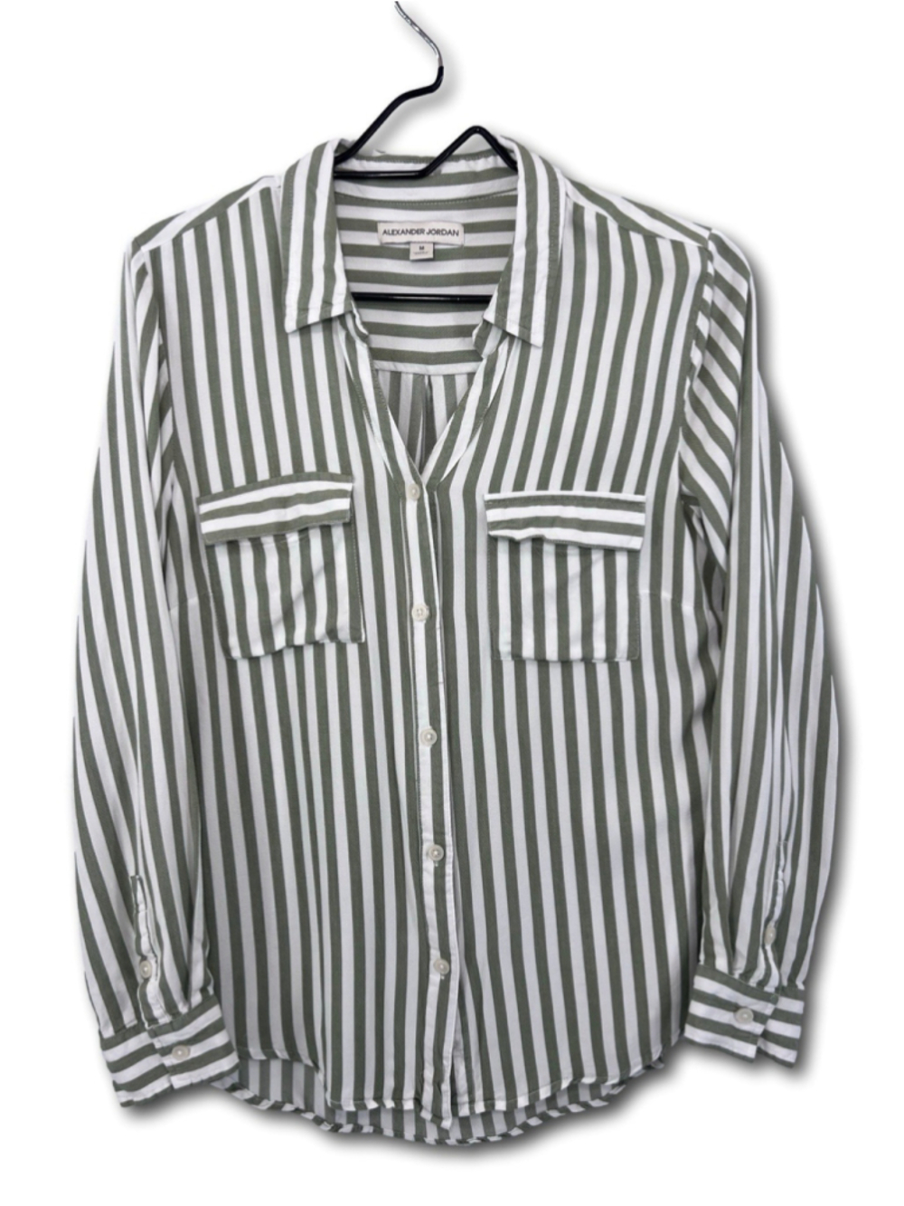 Alexander Jordan Blouse Women's Size M Long Sleeve Green White Striped Collared